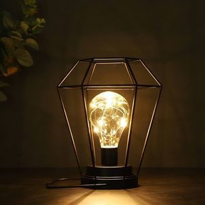 Diamond Metal Cage Table Lamp Battery Powered Hanging Lanterns Cordless Lamp